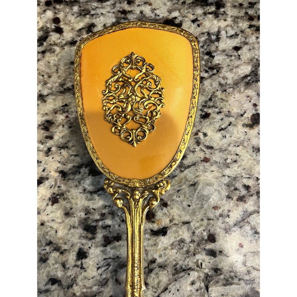 Vintage Gold Tone Filigree Hairbrush Yellow Satin Victorian Style Vanity Decor